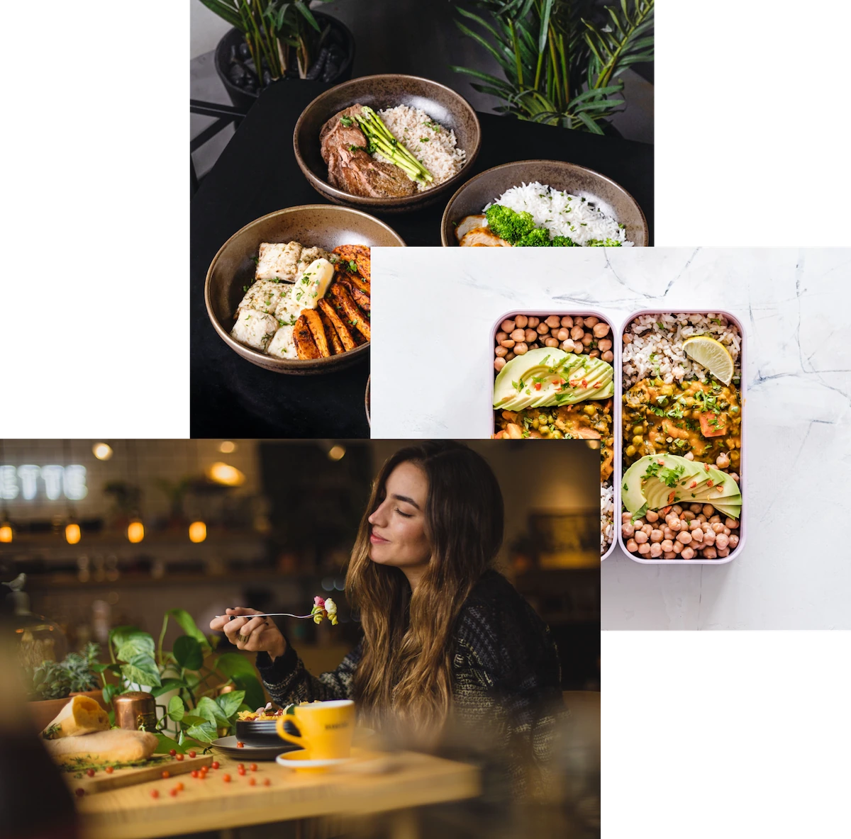 woman enjoying food, meals in storage container and food bowls on a table
